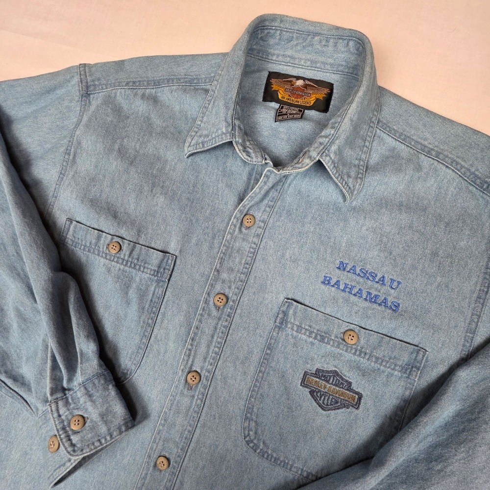 Harley Davidson Denim Button‎ Up Mens Large Blue Nassau Bahamas Embroidered